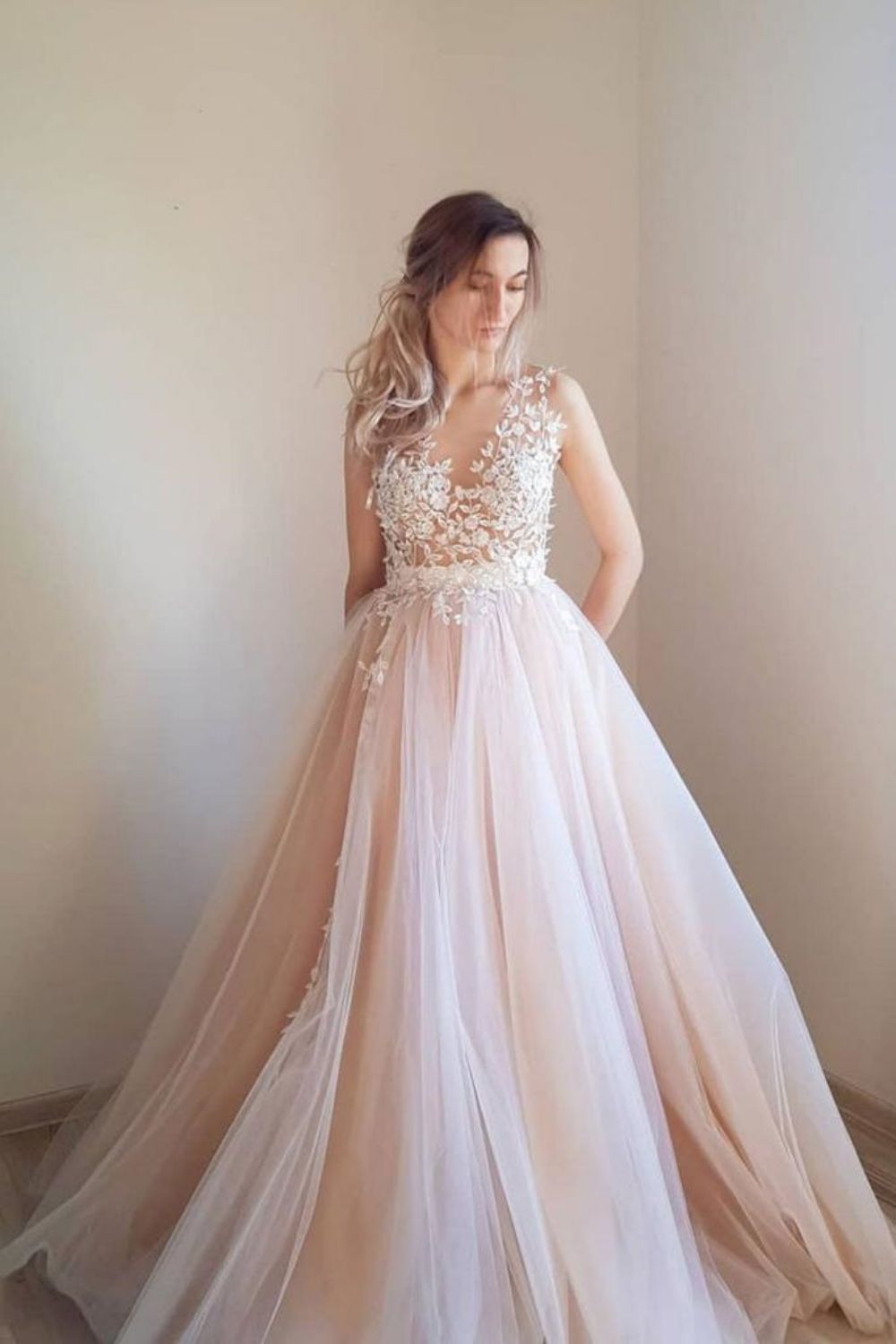 Weitese A Line Round Neck Pink Long Prom Dress with Appliques