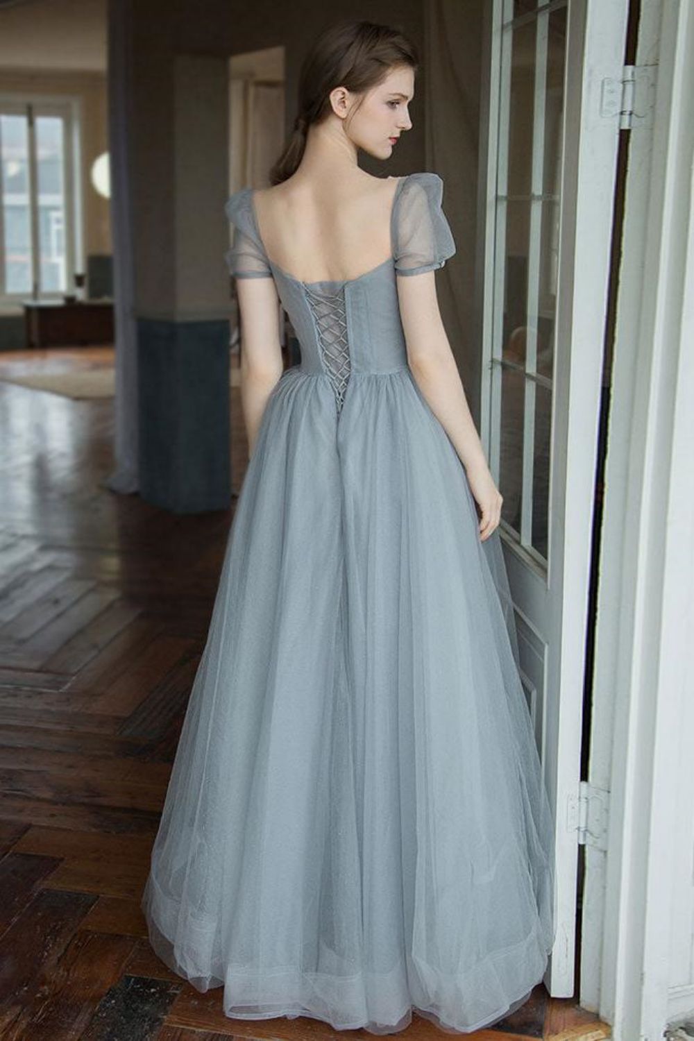 Weitese A Line Square Neck Grey Long Prom Dress with Beading