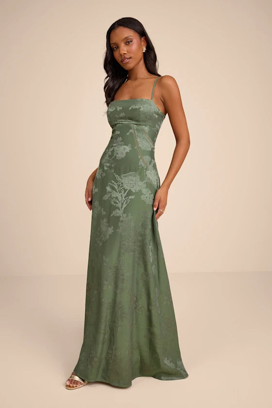 Sage Green Satin Jacquard A-Line Straight Across Lace-Up Back Floor Length Dress