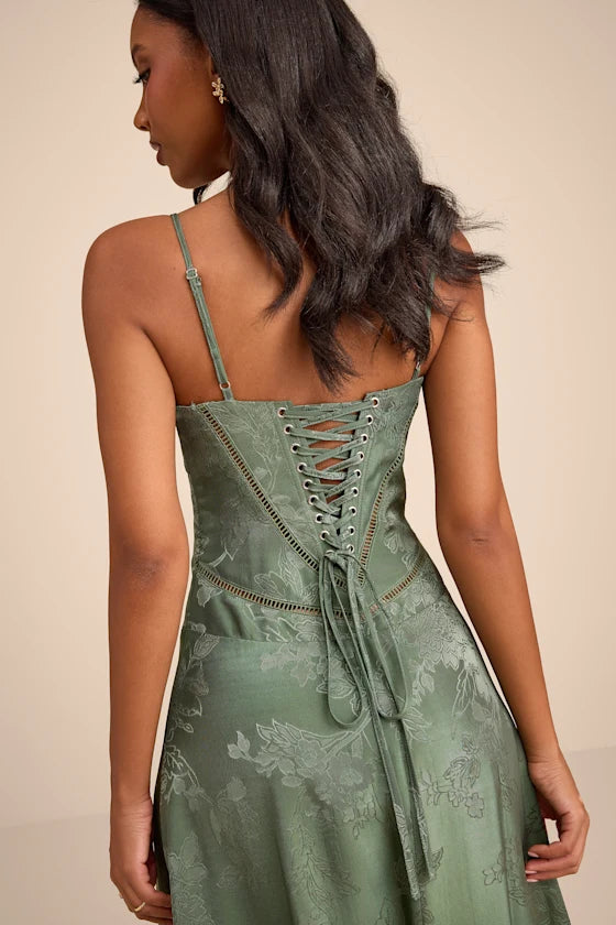 Sage Green Satin Jacquard A-Line Straight Across Lace-Up Back Floor Length Dress
