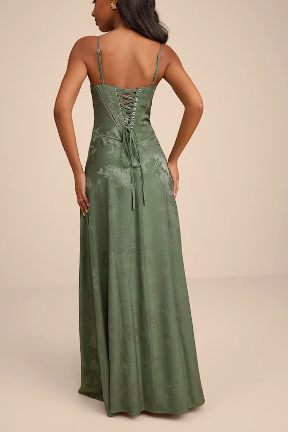 Sage Green Satin Jacquard A-Line Straight Across Lace-Up Back Floor Length Dress