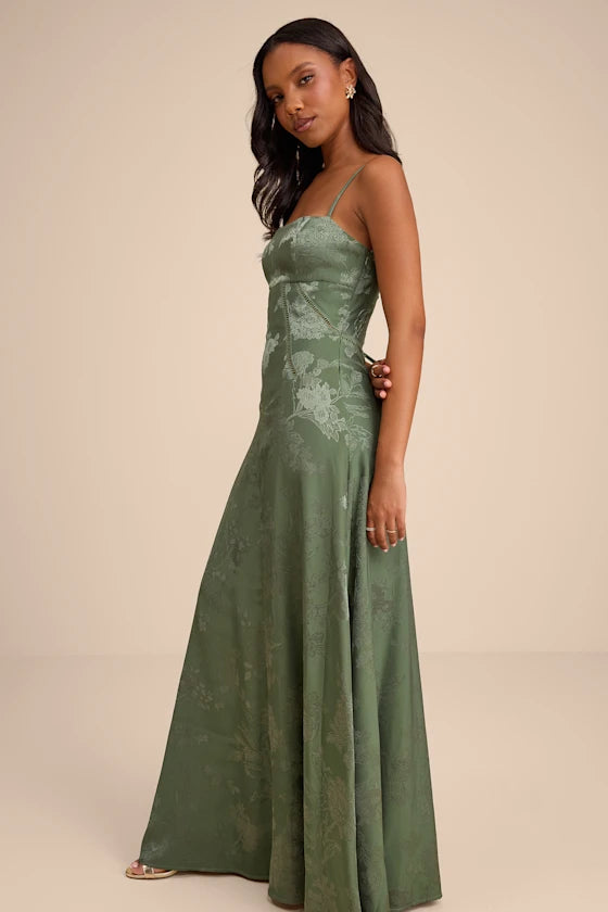 Sage Green Satin Jacquard A-Line Straight Across Lace-Up Back Floor Length Dress