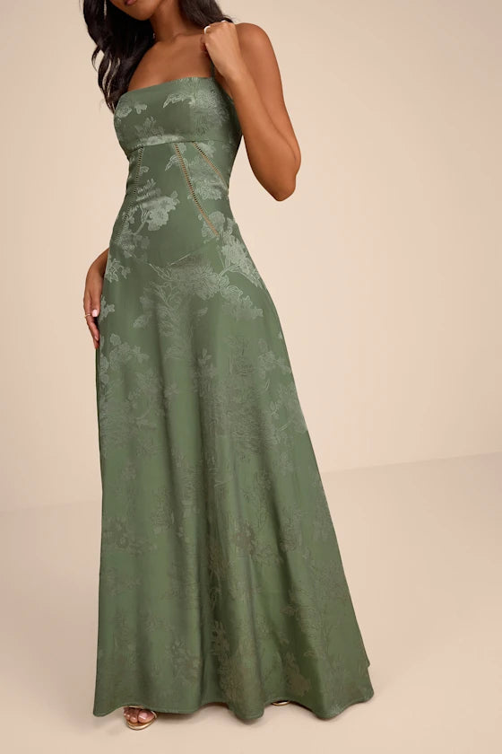 Sage Green Satin Jacquard A-Line Straight Across Lace-Up Back Floor Length Dress