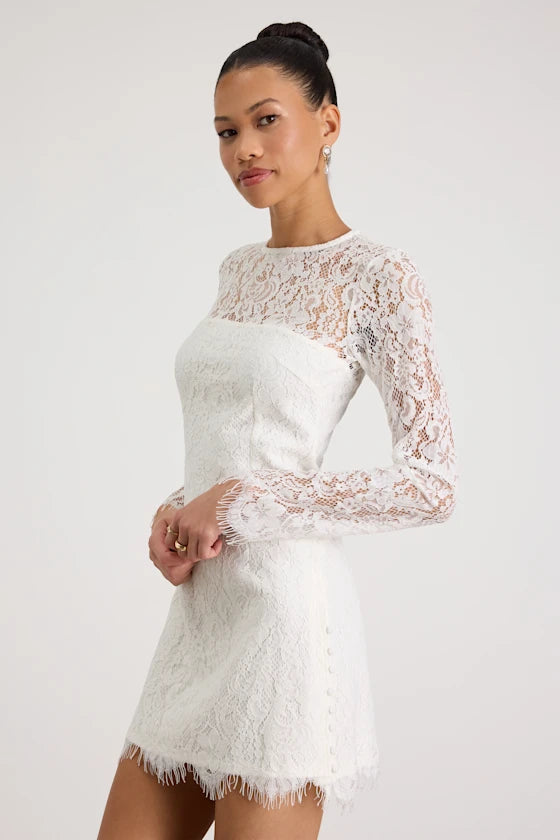 White Lace Sheath High Neck High Back Mini Dress
