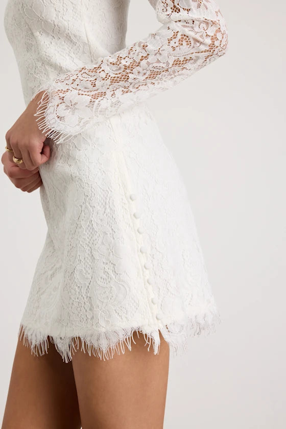 White Lace Sheath High Neck High Back Mini Dress