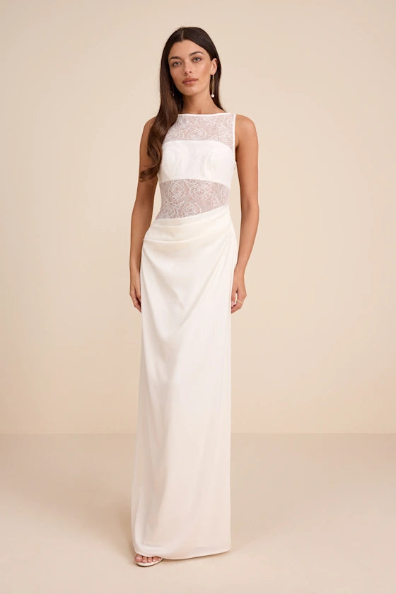 Ivory Lace and Crepe Sheath Boat Neck Illusion Zipper Back Floor-Length Dress
