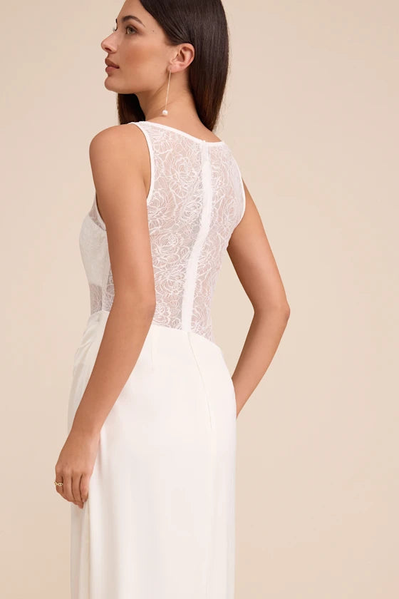 Ivory Lace and Crepe Sheath Boat Neck Illusion Zipper Back Floor-Length Dress