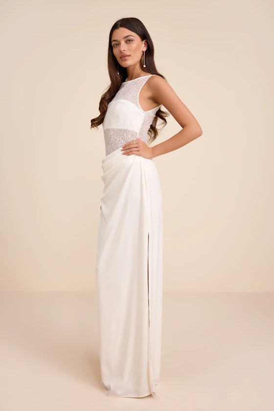 Ivory Lace and Crepe Sheath Boat Neck Illusion Zipper Back Floor-Length Dress