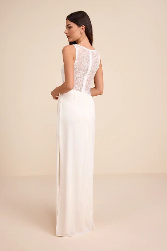 Ivory Lace and Crepe Sheath Boat Neck Illusion Zipper Back Floor-Length Dress