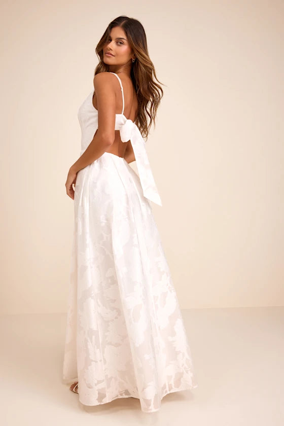 Ivory Organza A-line Square Neck Open Back with Tie-Back Floor Length Dress