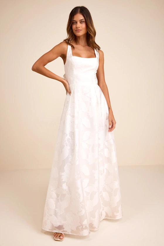 Ivory Organza A-line Square Neck Open Back with Tie-Back Floor Length Dress
