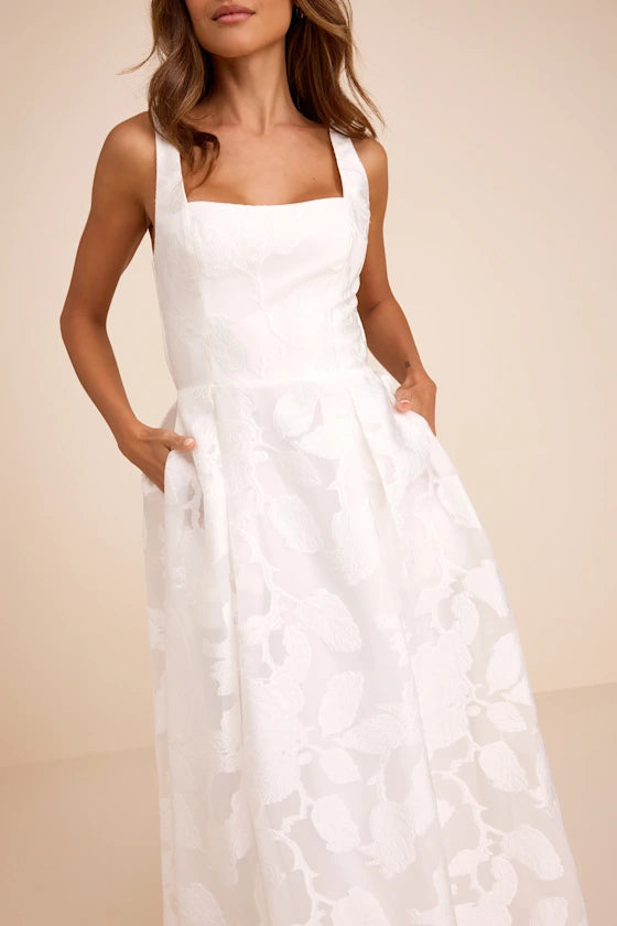 Ivory Organza A-line Square Neck Open Back with Tie-Back Floor Length Dress