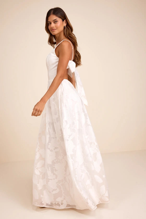 Ivory Organza A-line Square Neck Open Back with Tie-Back Floor Length Dress