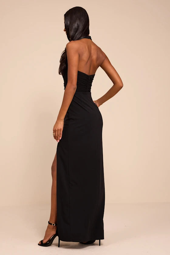 Black Crepe Sheath Halter Low Back Floor Length Dress