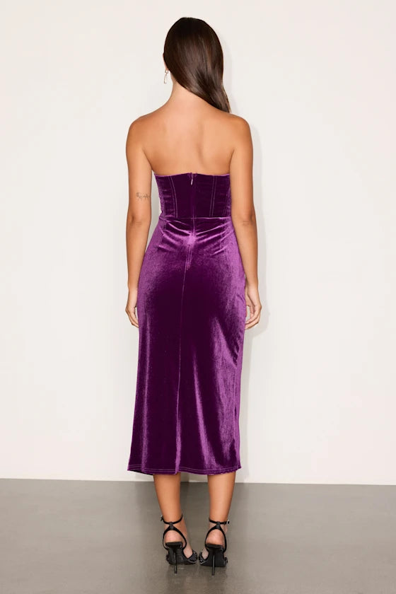 Plum Velvet Sheath Sweetheart Zipper Back Midi Dress