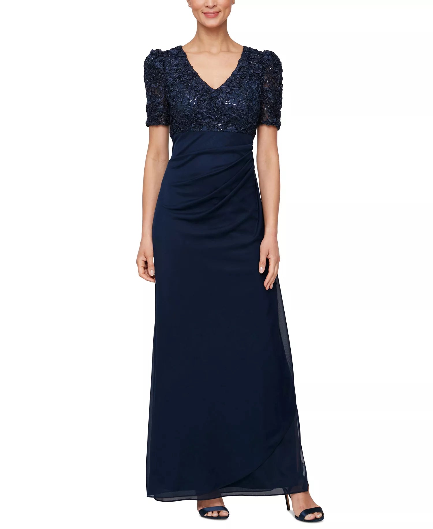 Dark Navy Chiffon and Lace sheath-column v-neck high-back floor-length Dress