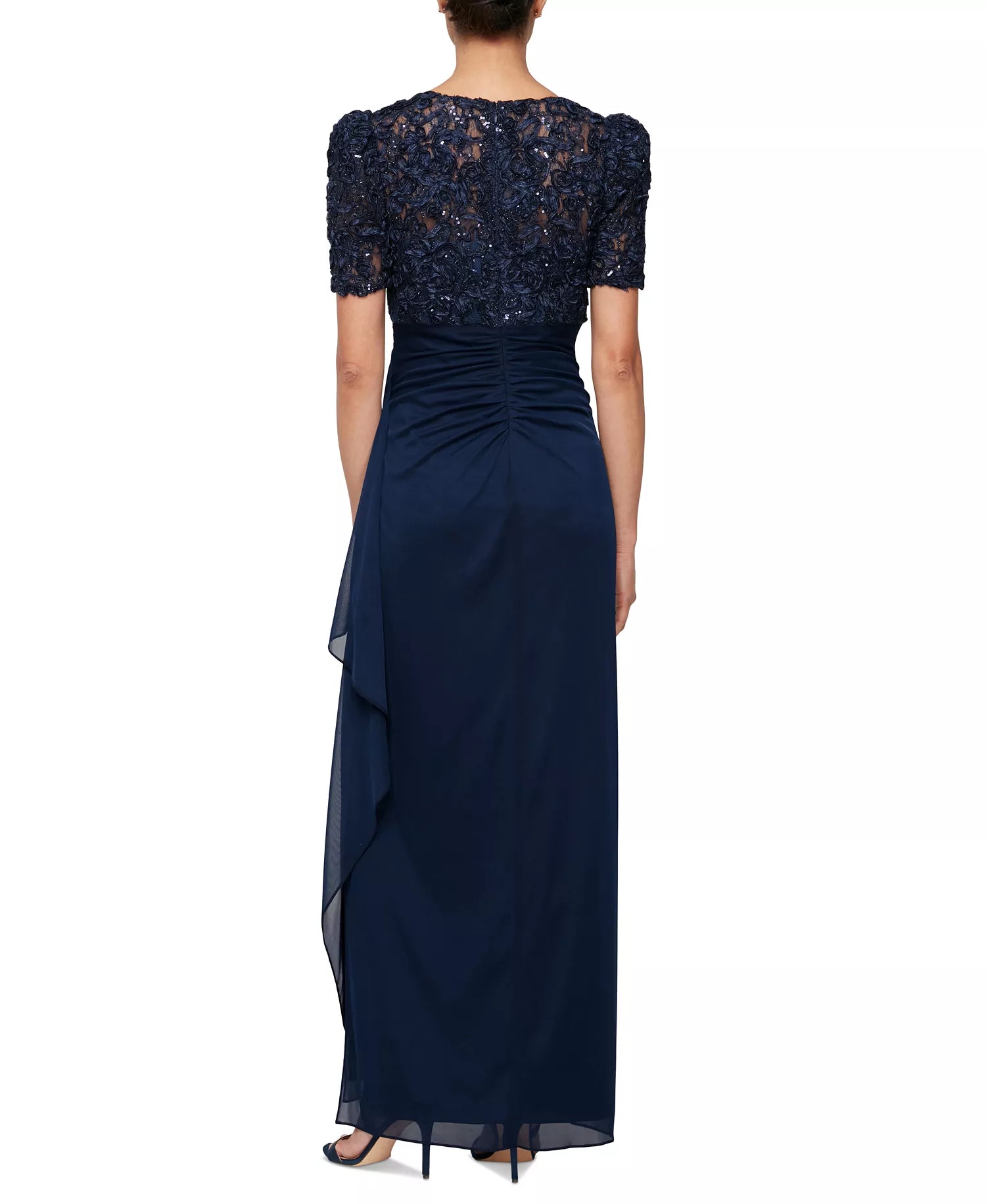 Dark Navy Chiffon and Lace sheath-column v-neck high-back floor-length Dress
