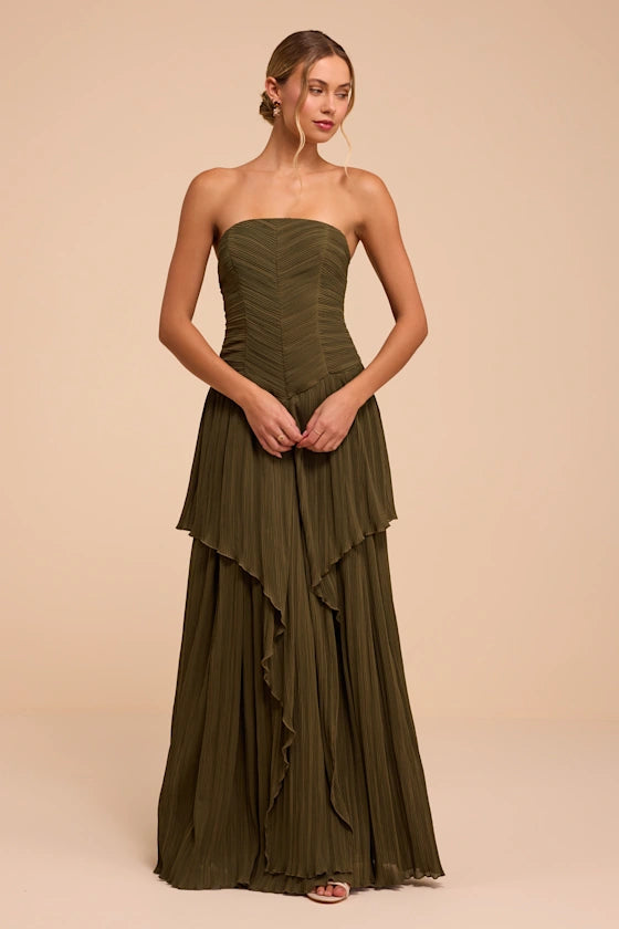 Olive Green Chiffon A-Line Straight Across Zipper Back Floor Length Dress