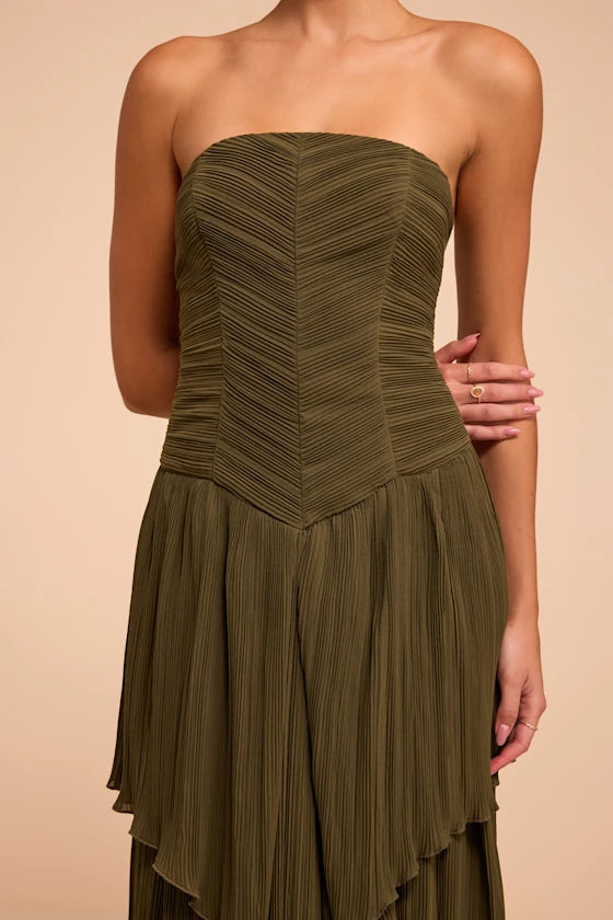 Olive Green Chiffon A-Line Straight Across Zipper Back Floor Length Dress