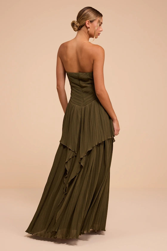 Olive Green Chiffon A-Line Straight Across Zipper Back Floor Length Dress
