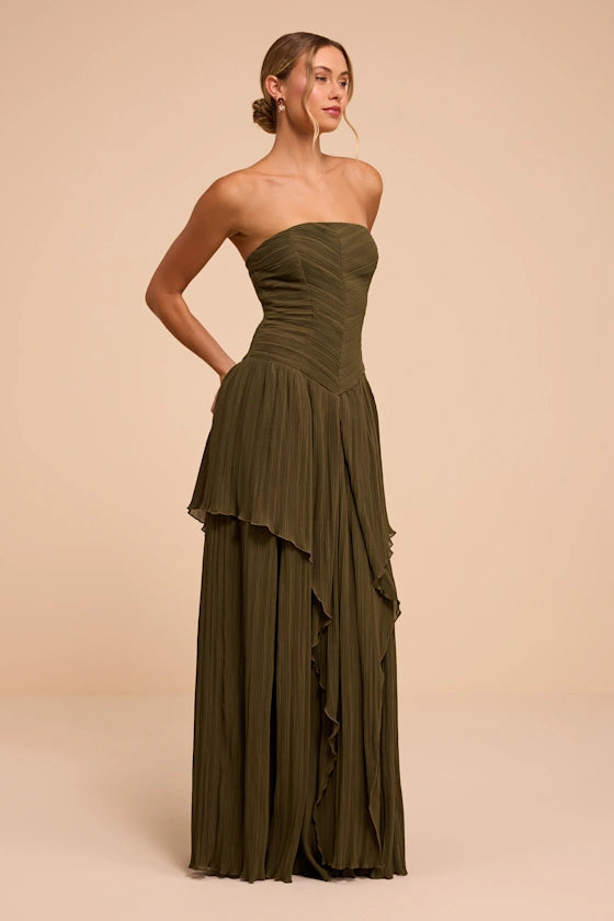 Olive Green Chiffon A-Line Straight Across Zipper Back Floor Length Dress