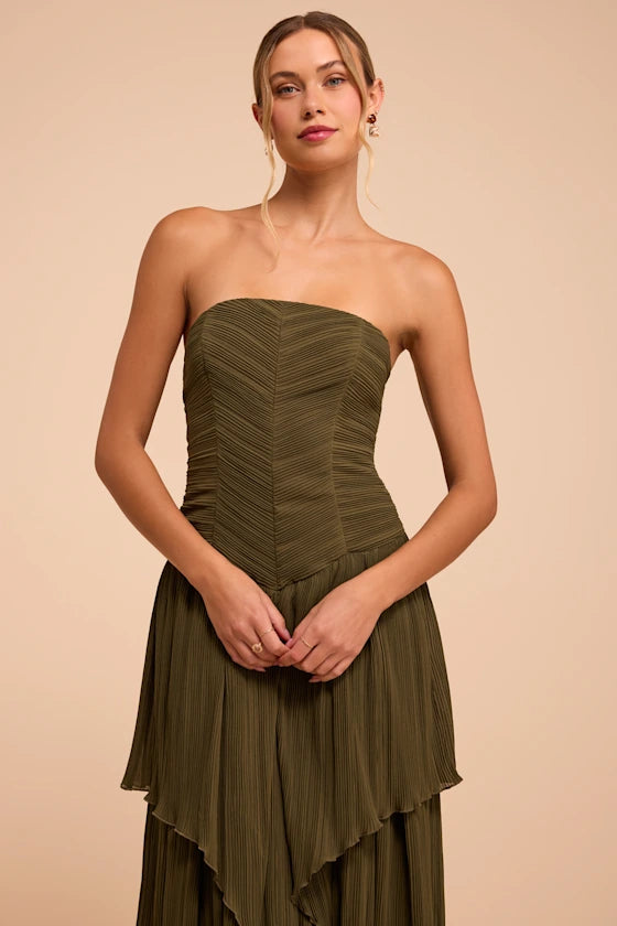 Olive Green Chiffon A-Line Straight Across Zipper Back Floor Length Dress