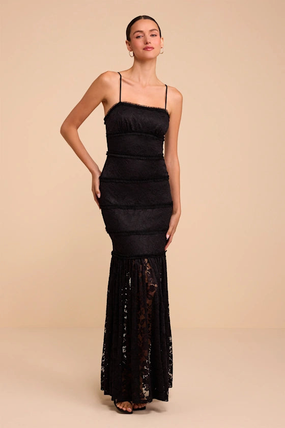 Black Lace Mermaid Straight Across Zipper Back Floor-Length Dress