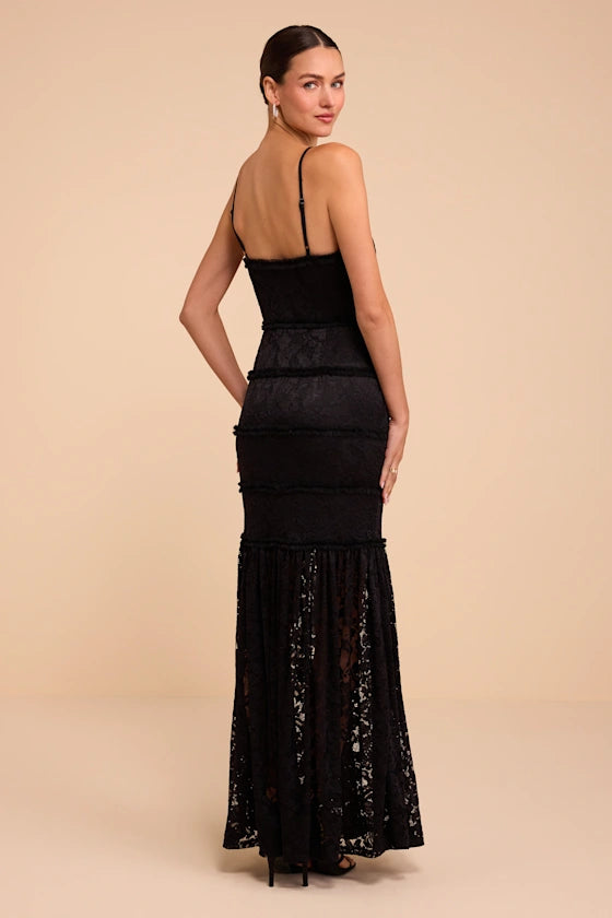 Black Lace Mermaid Straight Across Zipper Back Floor-Length Dress
