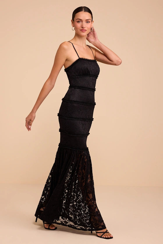Black Lace Mermaid Straight Across Zipper Back Floor-Length Dress