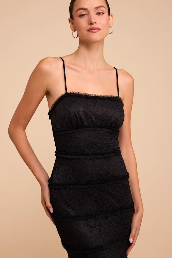 Black Lace Mermaid Straight Across Zipper Back Floor-Length Dress