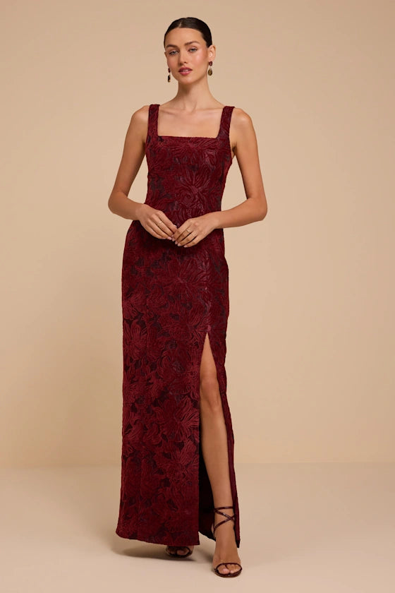Burgundy Velvet Sheath Square Neck Zipper Back Floor Length Dress