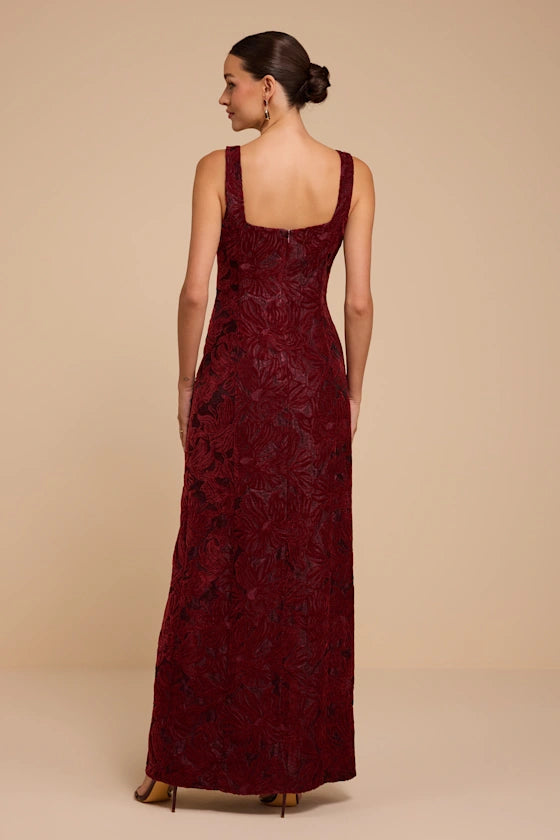 Burgundy Velvet Sheath Square Neck Zipper Back Floor Length Dress