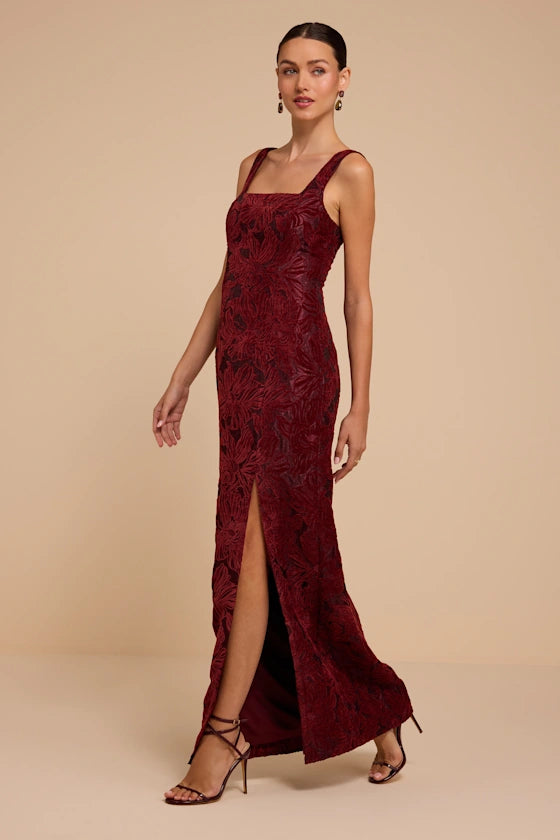 Burgundy Velvet Sheath Square Neck Zipper Back Floor Length Dress