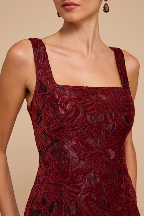 Burgundy Velvet Sheath Square Neck Zipper Back Floor Length Dress