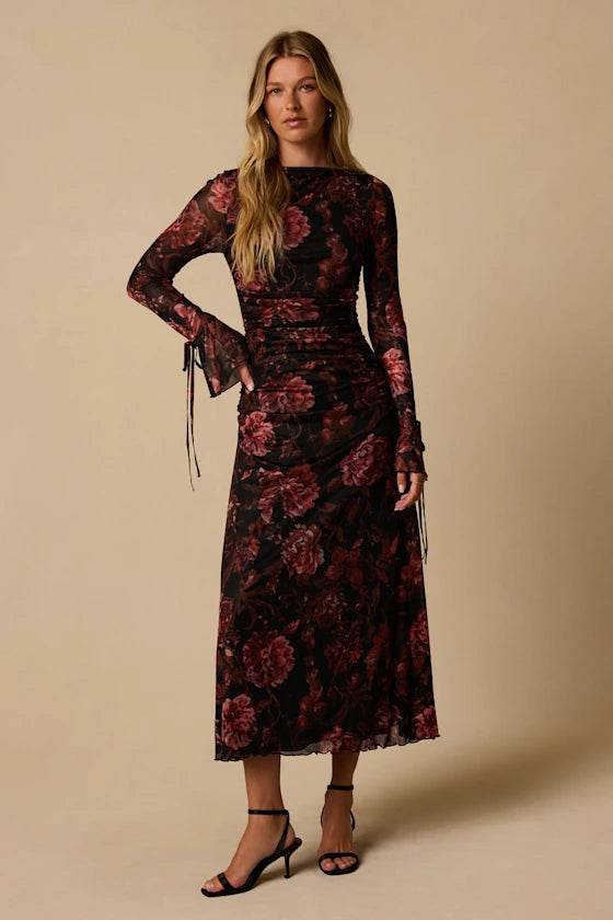 Black Floral Mesh Sheath Boat Neck Open Back with Tie Detail Midi Dress