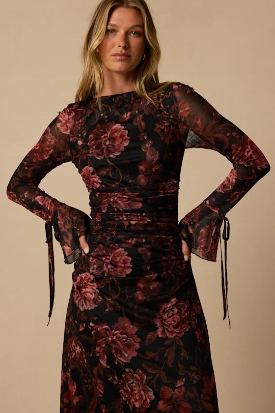 Black Floral Mesh Sheath Boat Neck Open Back with Tie Detail Midi Dress