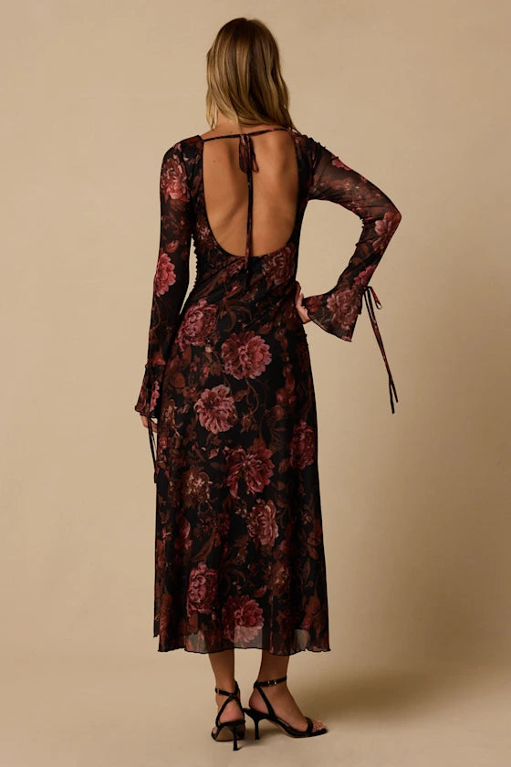 Black Floral Mesh Sheath Boat Neck Open Back with Tie Detail Midi Dress