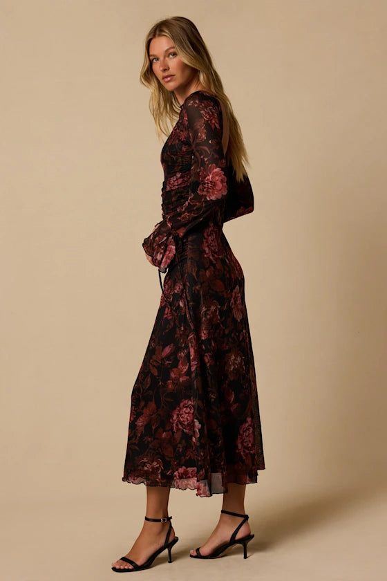 Black Floral Mesh Sheath Boat Neck Open Back with Tie Detail Midi Dress