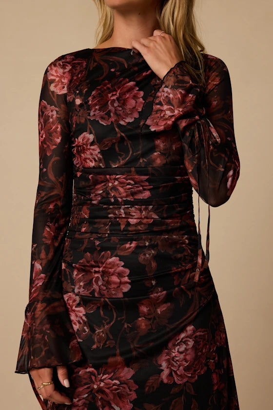 Black Floral Mesh Sheath Boat Neck Open Back with Tie Detail Midi Dress