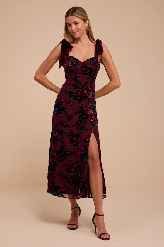 Burgundy Floral Burnout Velvet A-Line Sweetheart Midi Dress