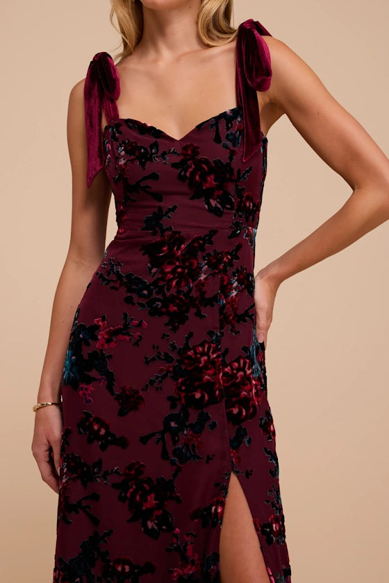 Burgundy Floral Burnout Velvet A-Line Sweetheart Midi Dress