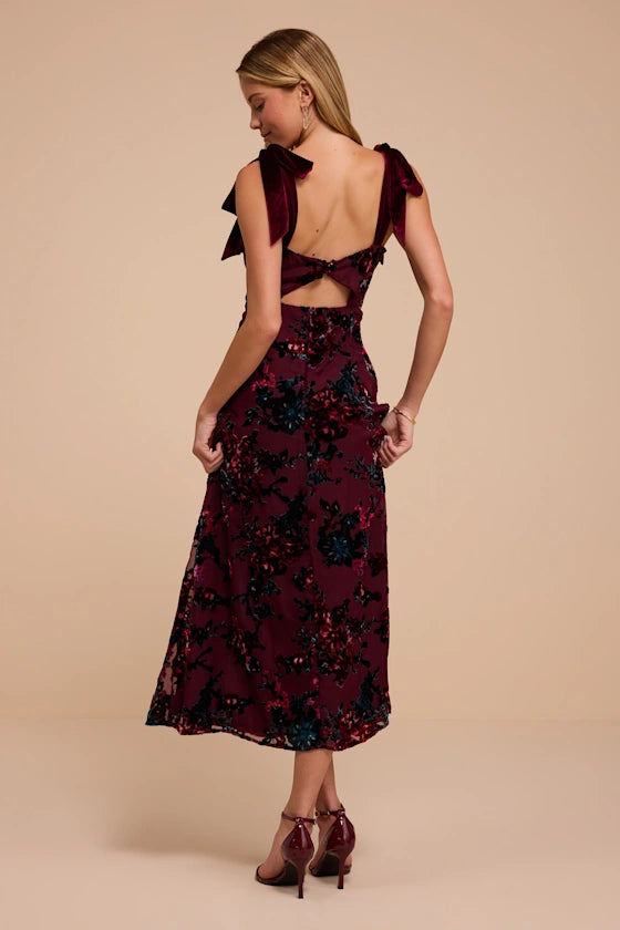 Burgundy Floral Burnout Velvet A-Line Sweetheart Midi Dress