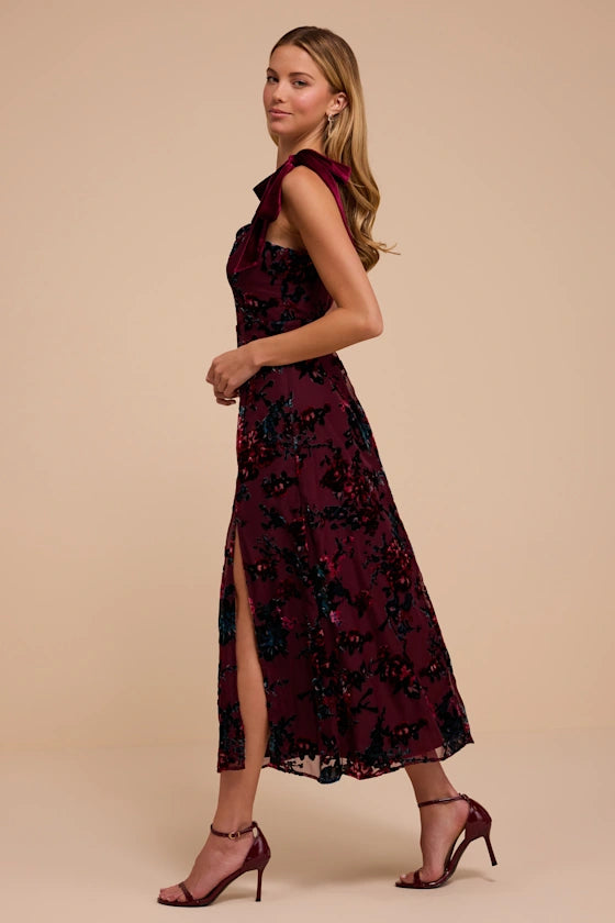Burgundy Floral Burnout Velvet A-Line Sweetheart Midi Dress