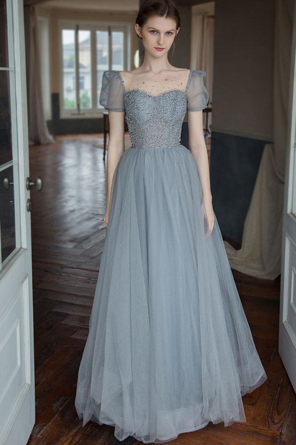 Weitese A Line Square Neck Grey Long Prom Dress with Beading