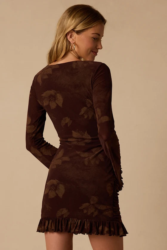 Espresso Mesh bodycon v-neck high-back mini Dress