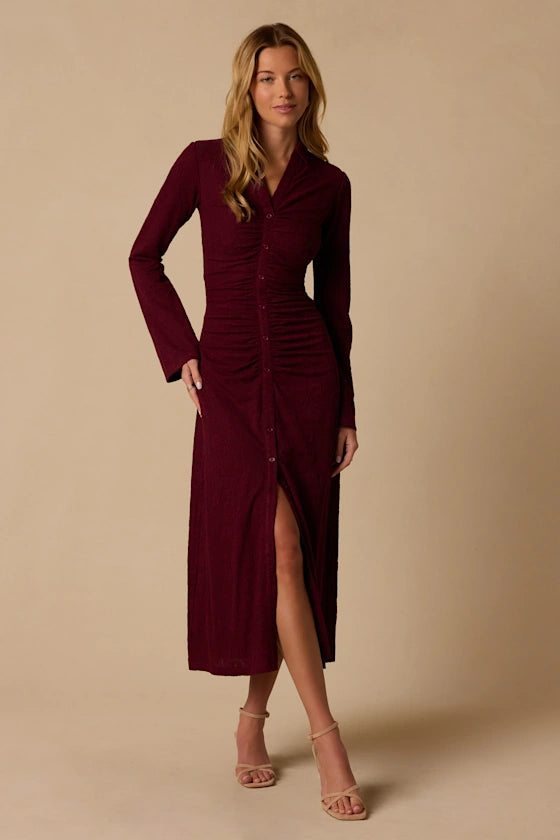 Burgundy Stretch Knit Sheath V-Neck High Back Midi Dress