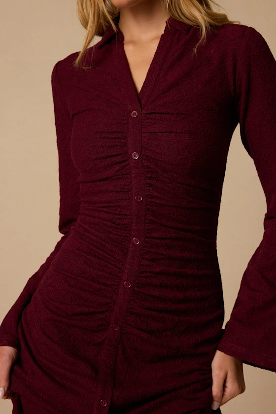 Burgundy Stretch Knit Sheath V-Neck High Back Midi Dress