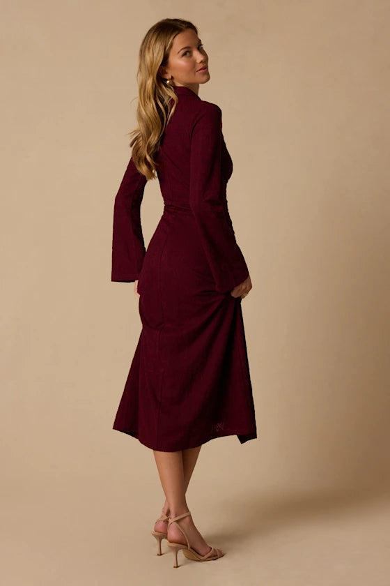 Burgundy Stretch Knit Sheath V-Neck High Back Midi Dress