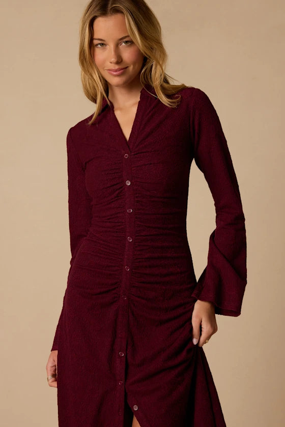 Burgundy Stretch Knit Sheath V-Neck High Back Midi Dress