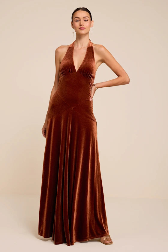 Rust Velvet A-Line Halter Open Back Floor-Length Dress